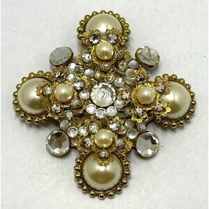 Lawrence Vrba Design Large Pearl And Savorsky Crystal Military Style Brooch